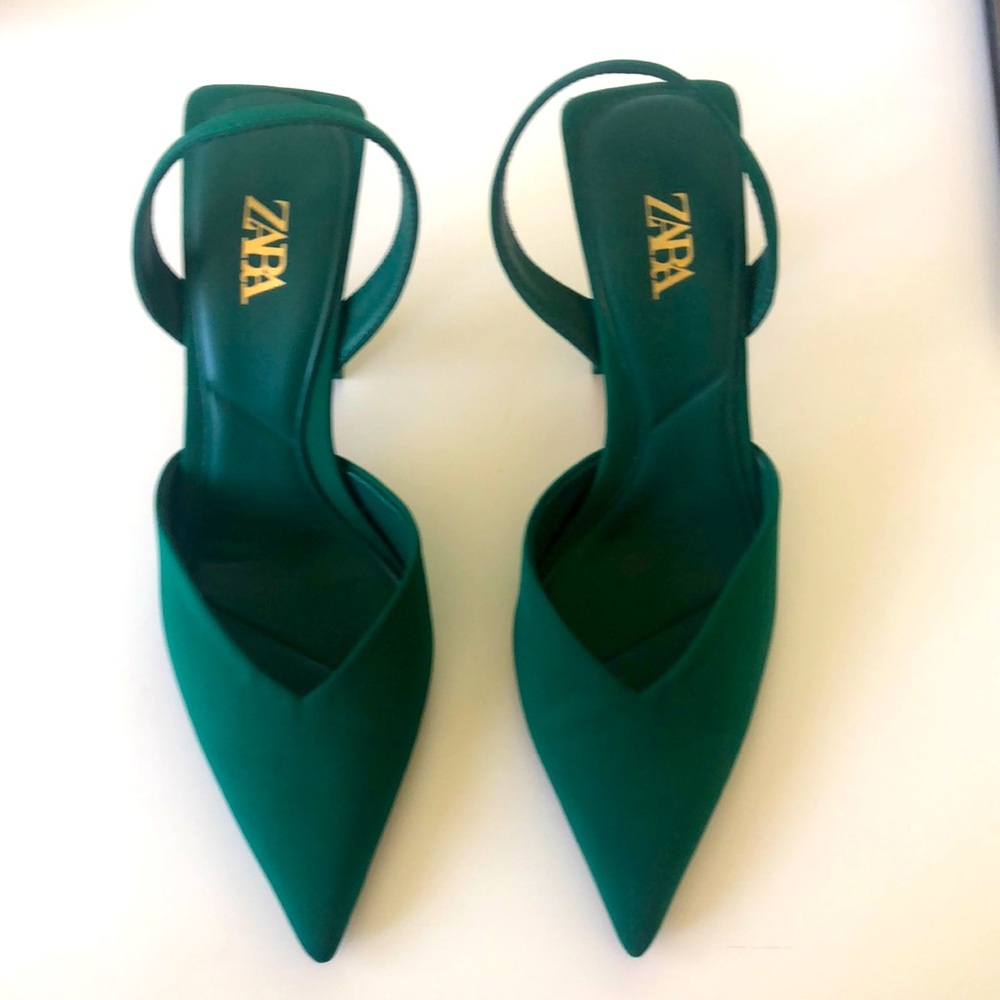 Zara Satin Green V Cut Heels Size 38